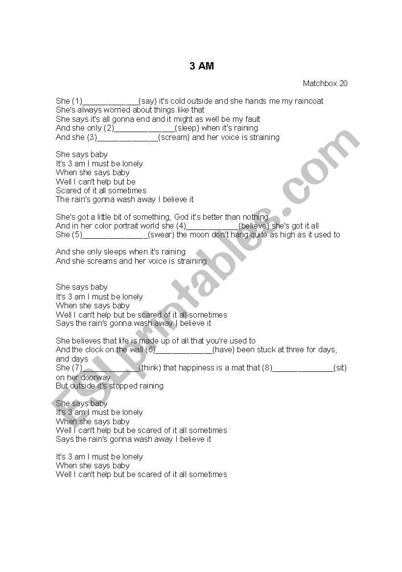 3 AM  - Matchbox 20 worksheet