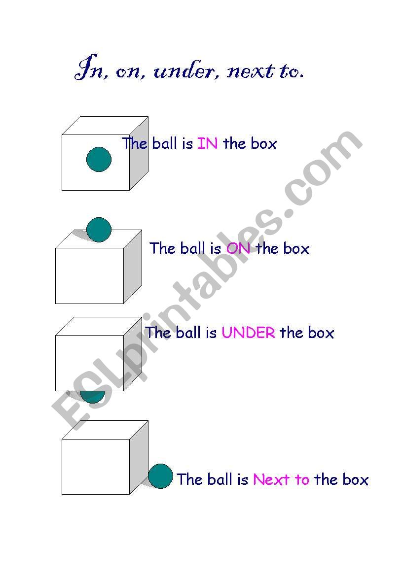 In, on, under, next to worksheet