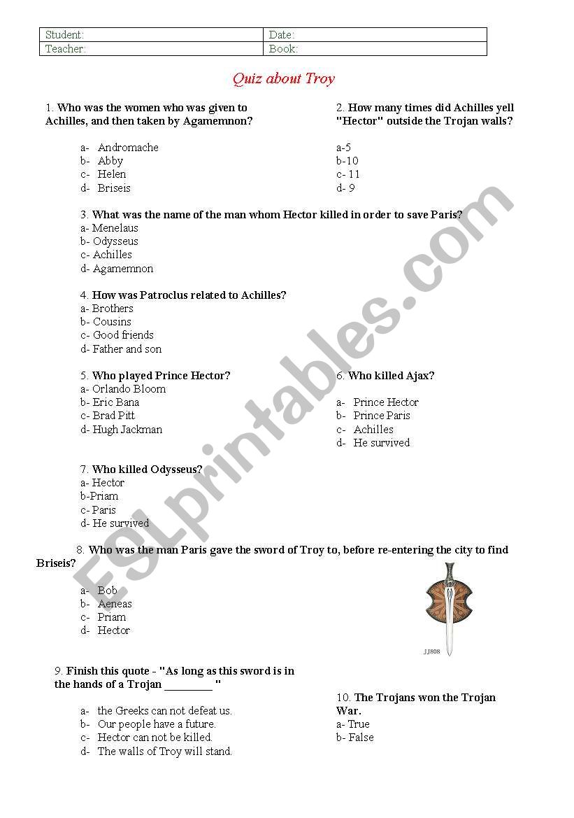 Quiz Troy worksheet