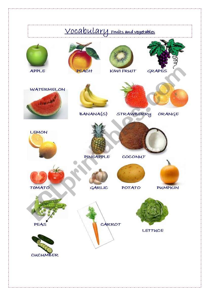 food- fruits and vegetables worksheet