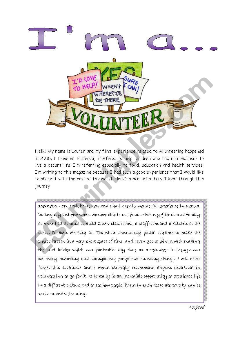 Reading - Im a volunteer worksheet