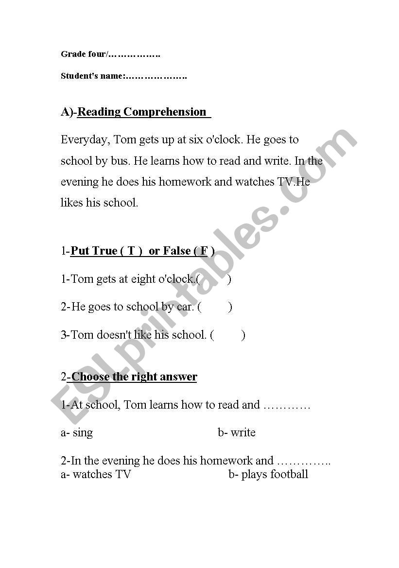 reading comprehension worksheet