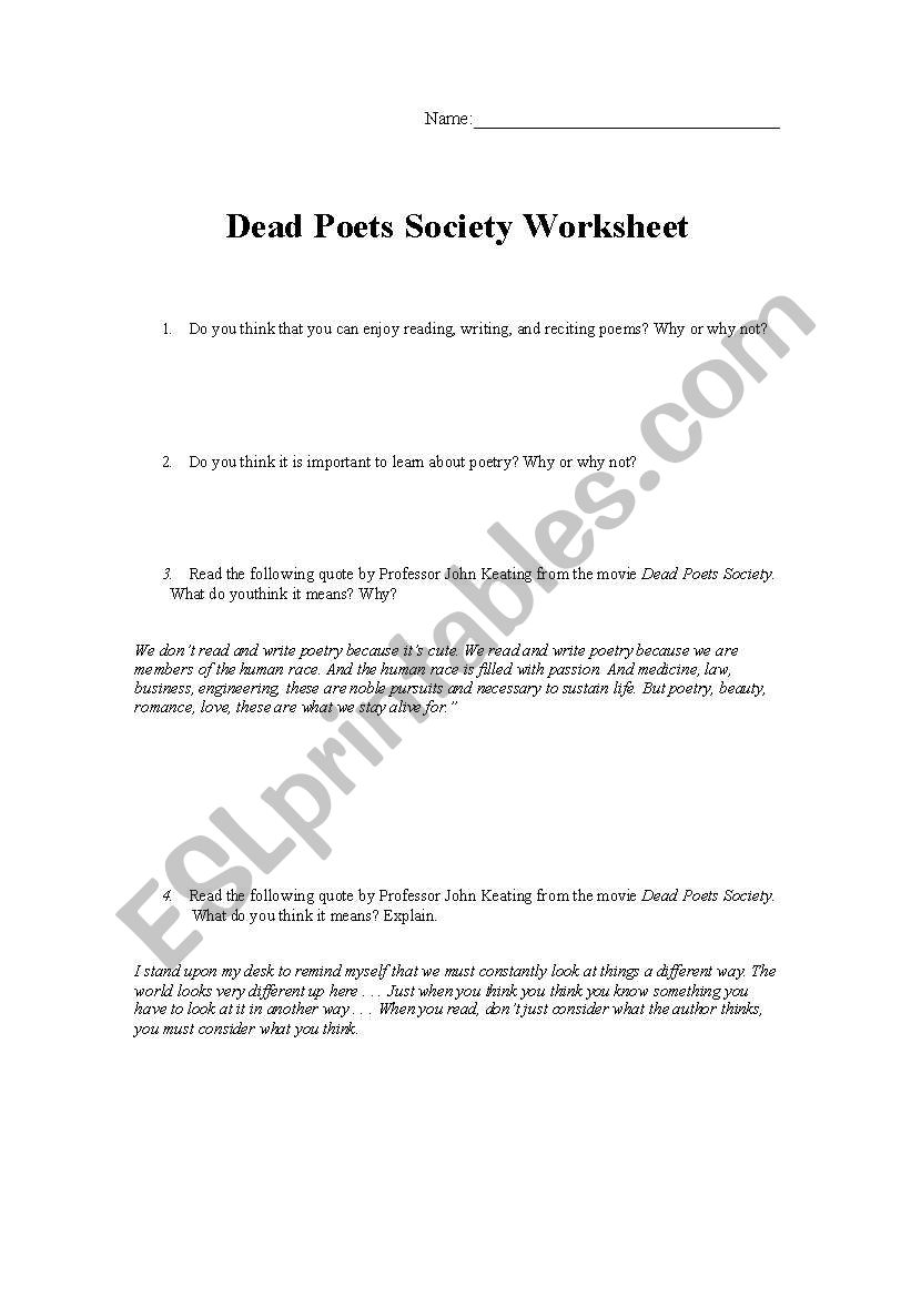 Dead Poets Society worksheet