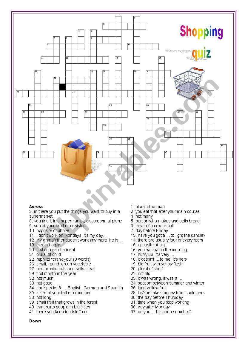 Shopping crossword worksheet