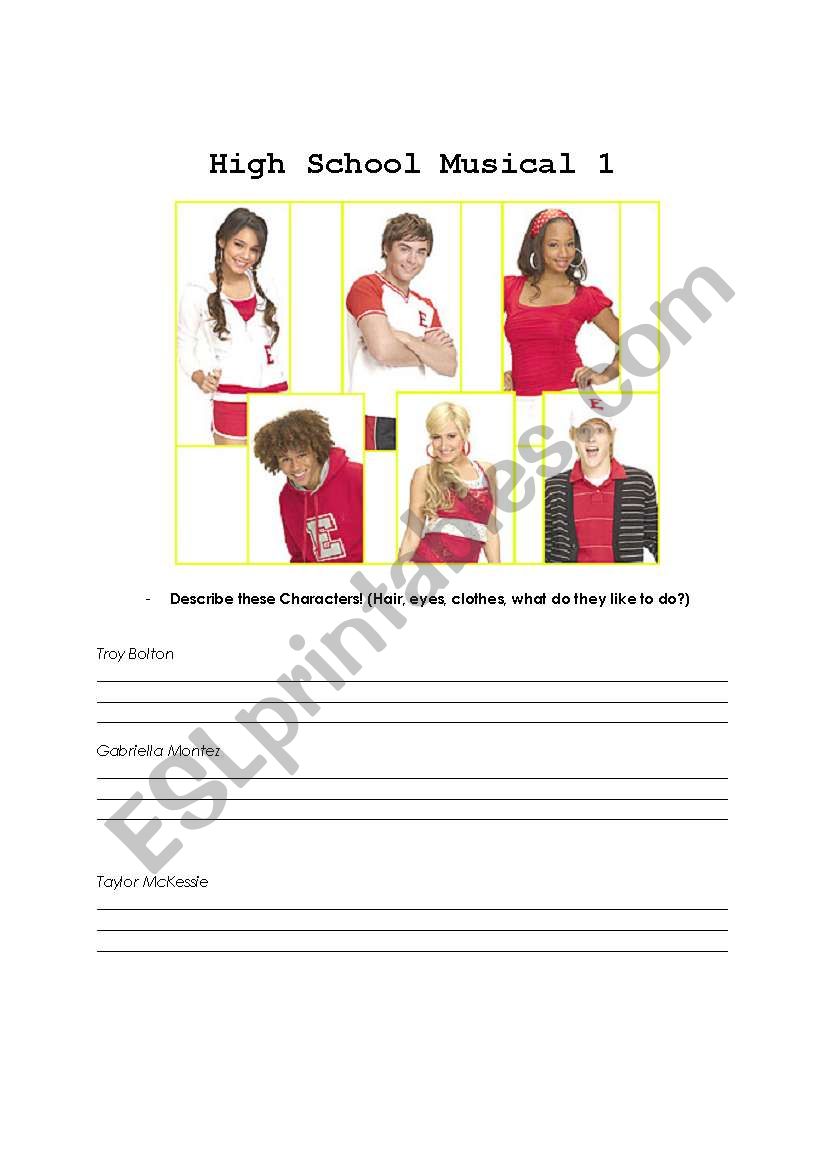 High School Musical Character descriptions worksheet