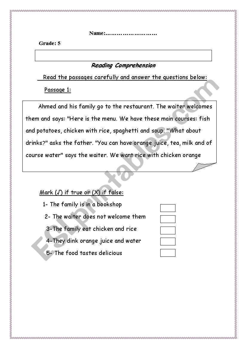 reading comprehension worksheet