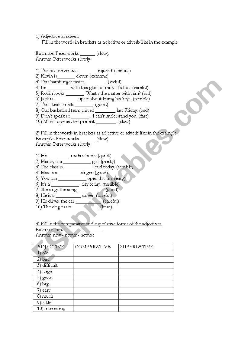 Adjectives and adverbs worksheet