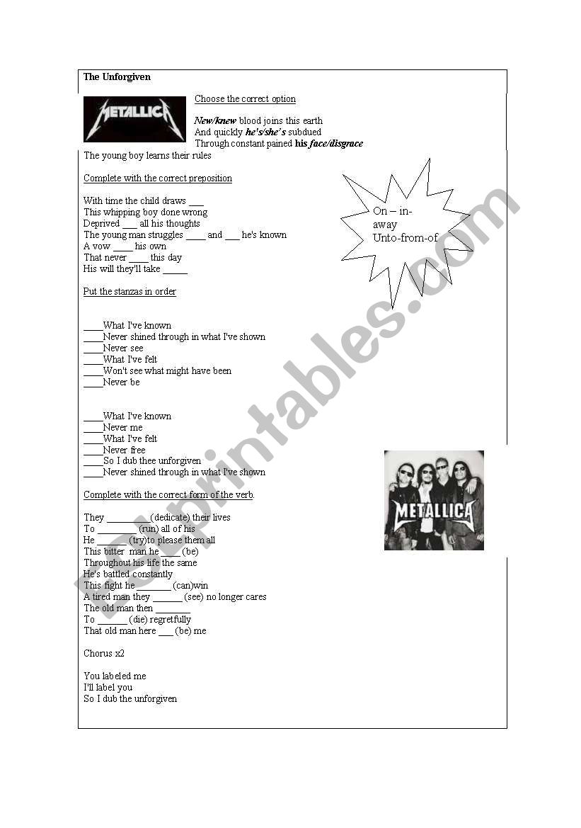 Metallica the Unforgiven worksheet