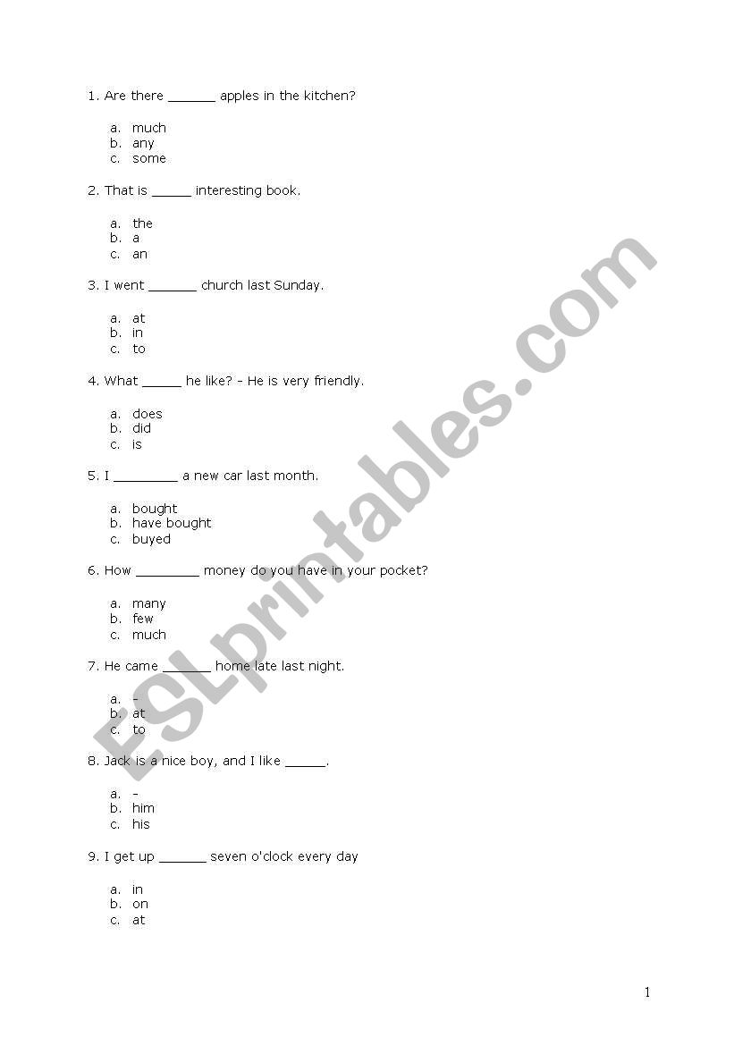 Grammar test worksheet