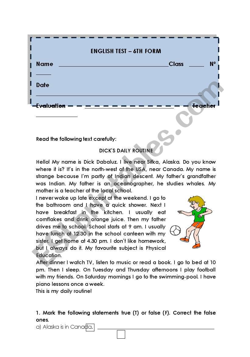 English test - Daily routines worksheet