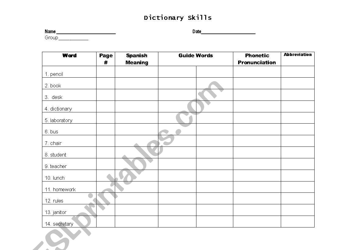 Dictionary Skills  worksheet