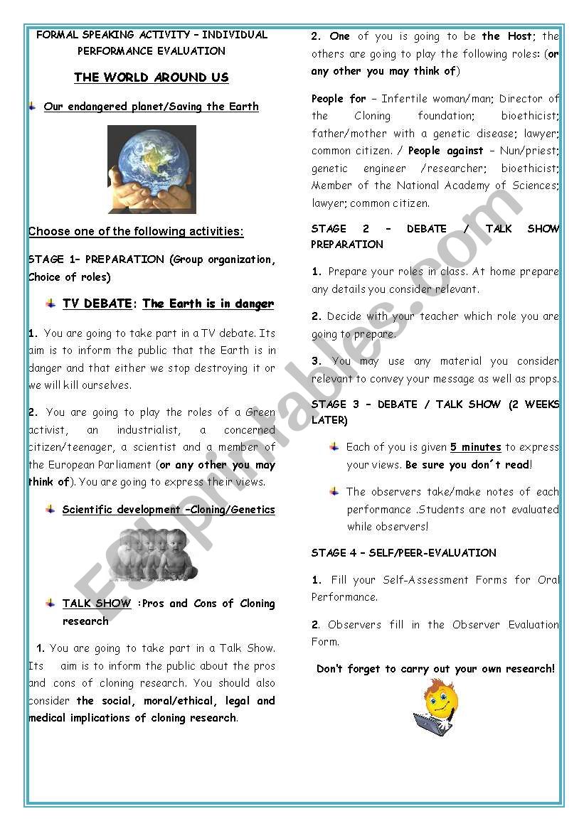 ROLE PLAY- ENVIRONMENTAL ISSUES /SCIENTIFIC DEVELOPMENT-THE WORLD AROUND US