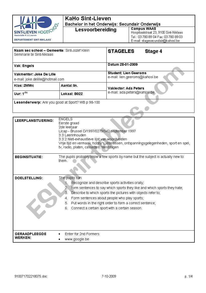 Sports & seasons worksheet