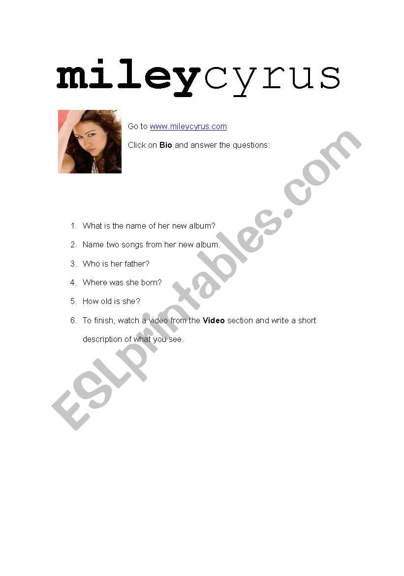 Miley Cyrus Webpage Reading worksheet