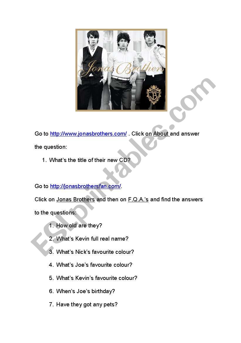 English worksheets Jonas Brothers page Reading