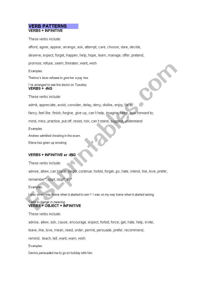 verb patterns worksheet