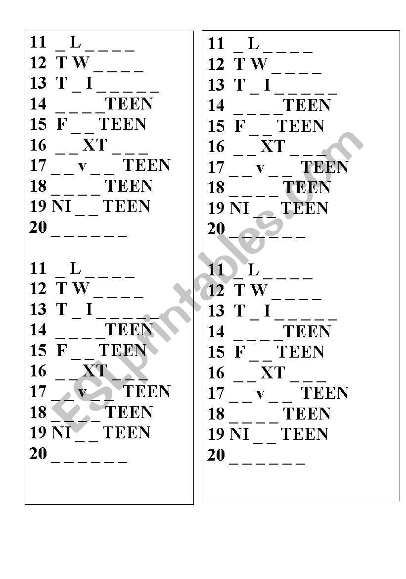 Numbers 11-20 worksheet