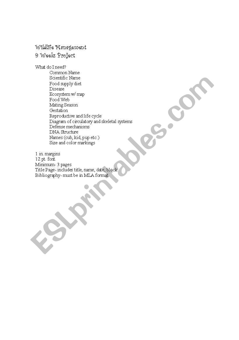 Wildlife Project worksheet