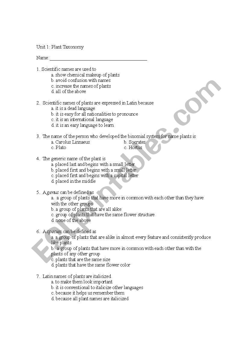 Hort Exam worksheet