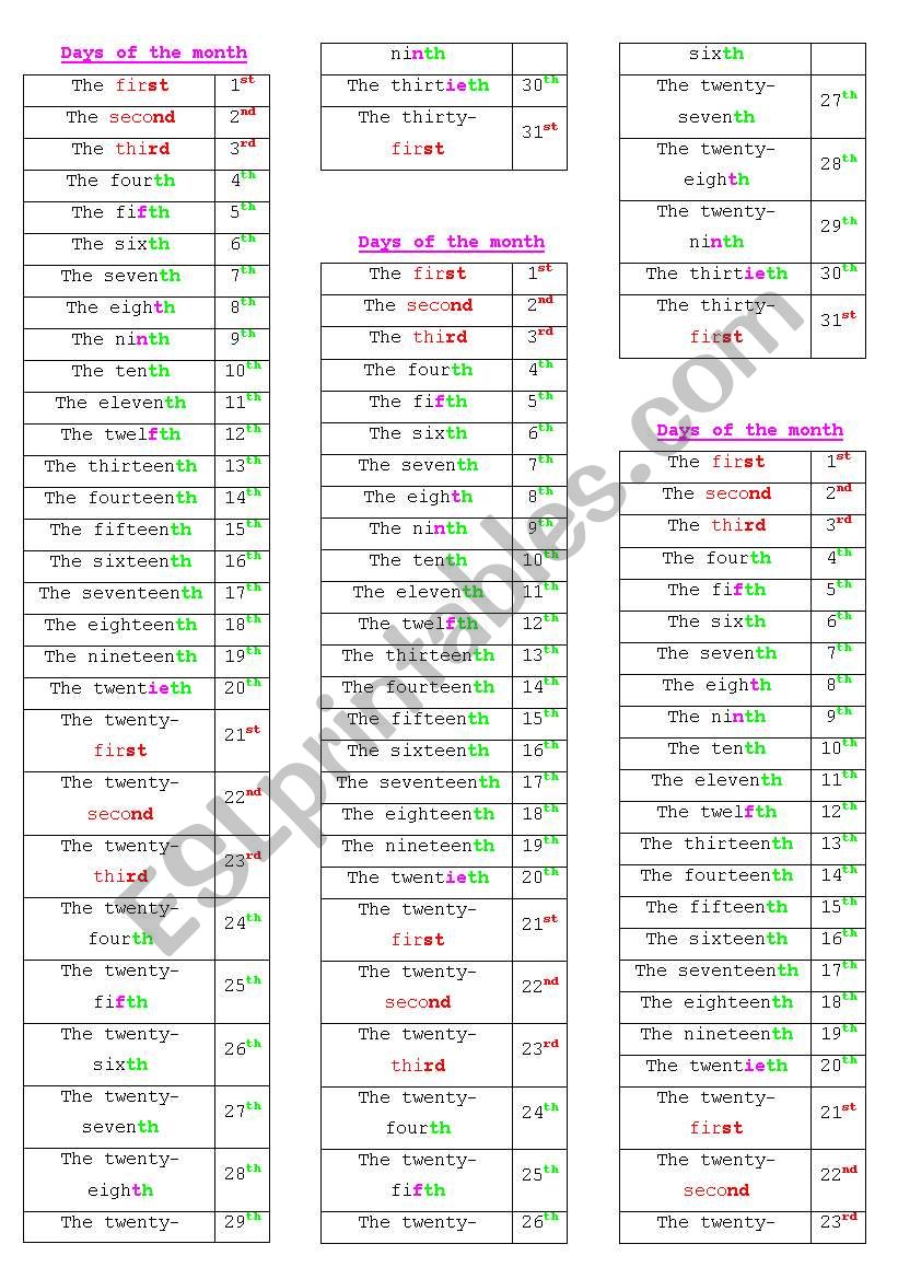 Days of the month worksheet