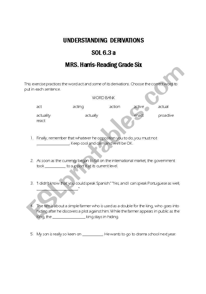 Understanding Deriviations worksheet