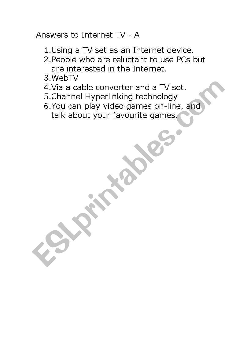 Answer Internet TV worksheet