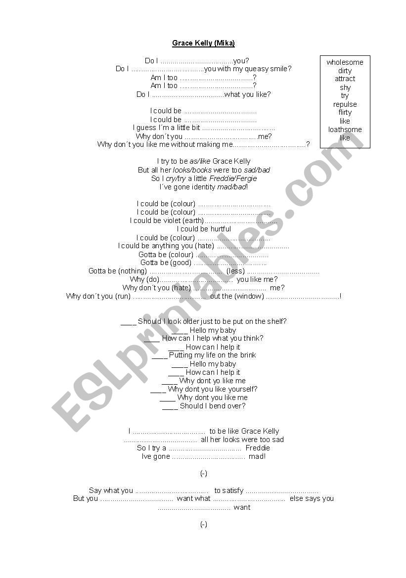 Song: Grace Kelly - Mika worksheet