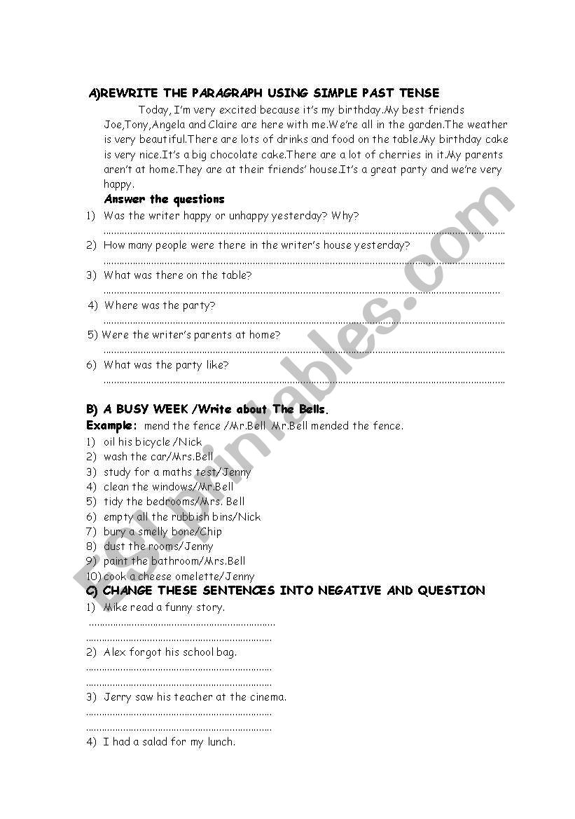 simple past tense worksheet worksheet