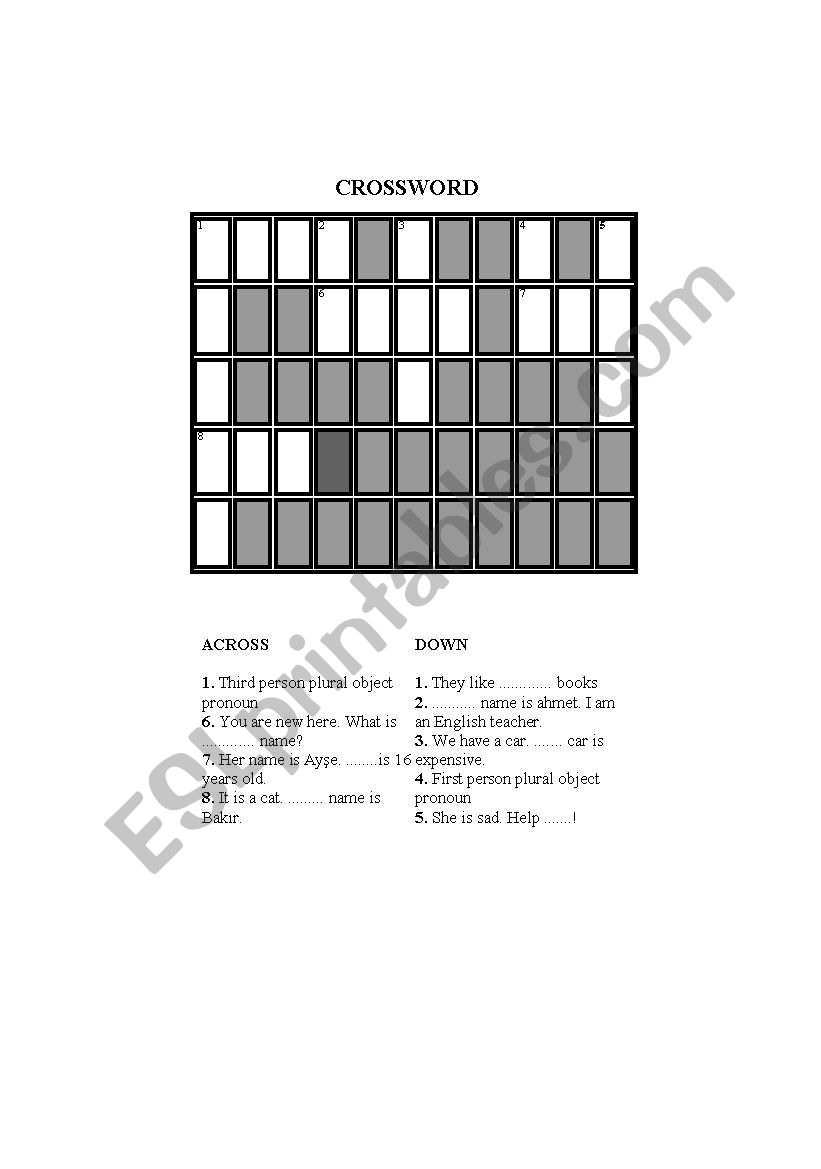 crossword for pronouns worksheet