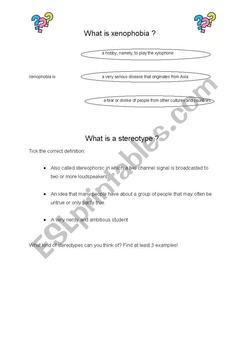 xenophobia and stereotypes worksheet