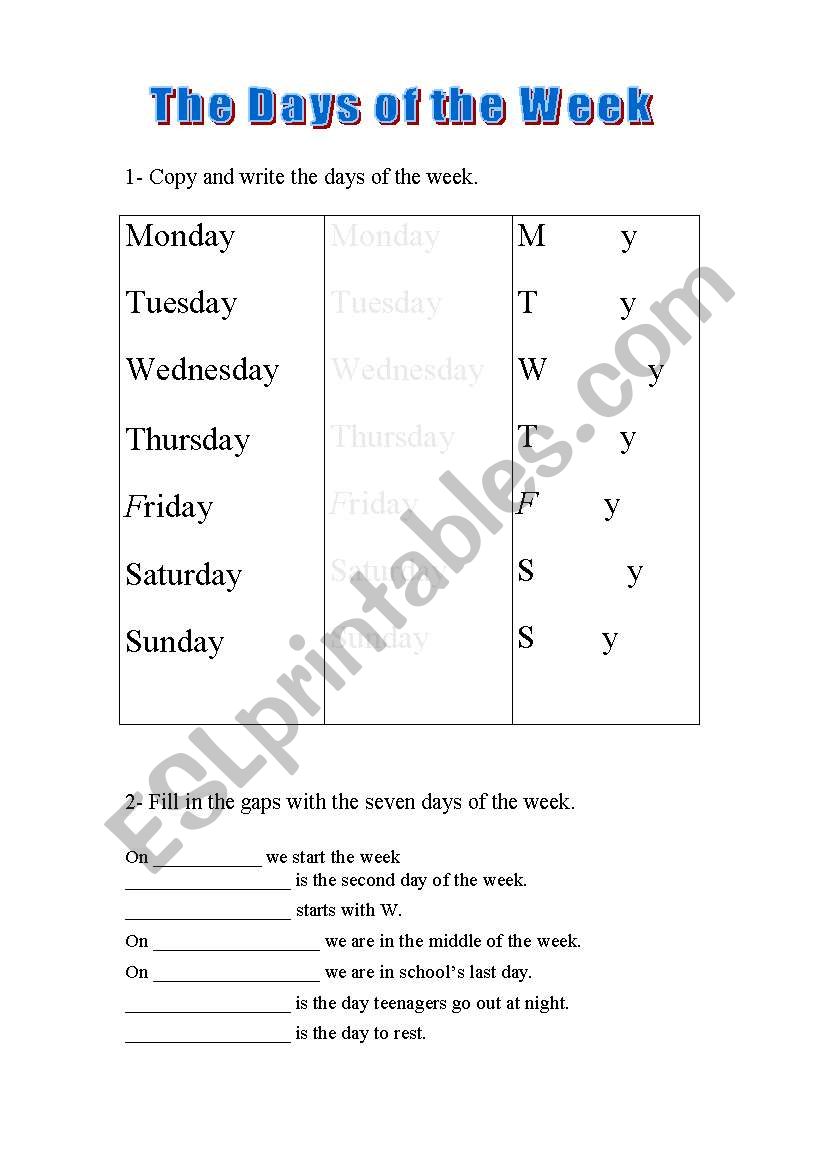 The days of the week worksheet