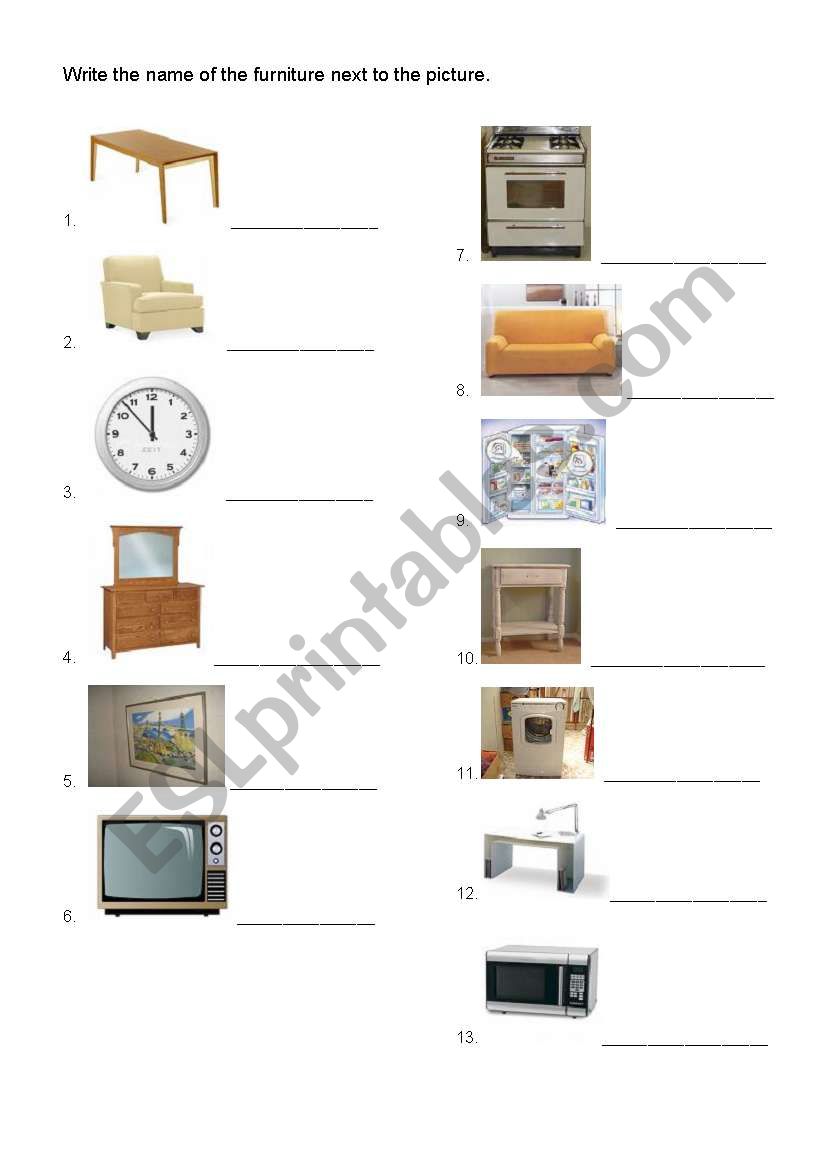 furniture vocabulary worksheet