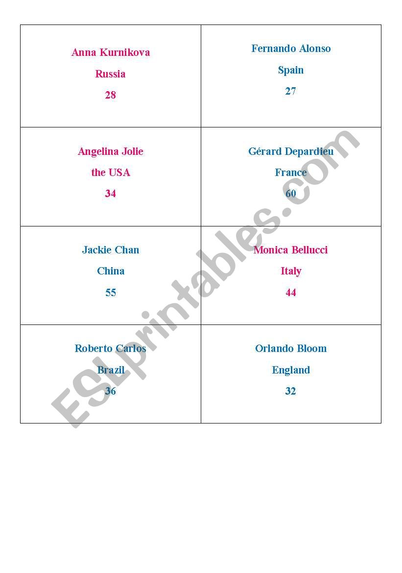 celebrity cards worksheet