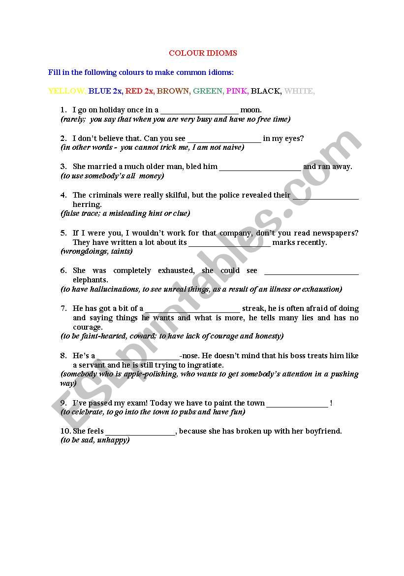 COLOURS IDIOMS worksheet