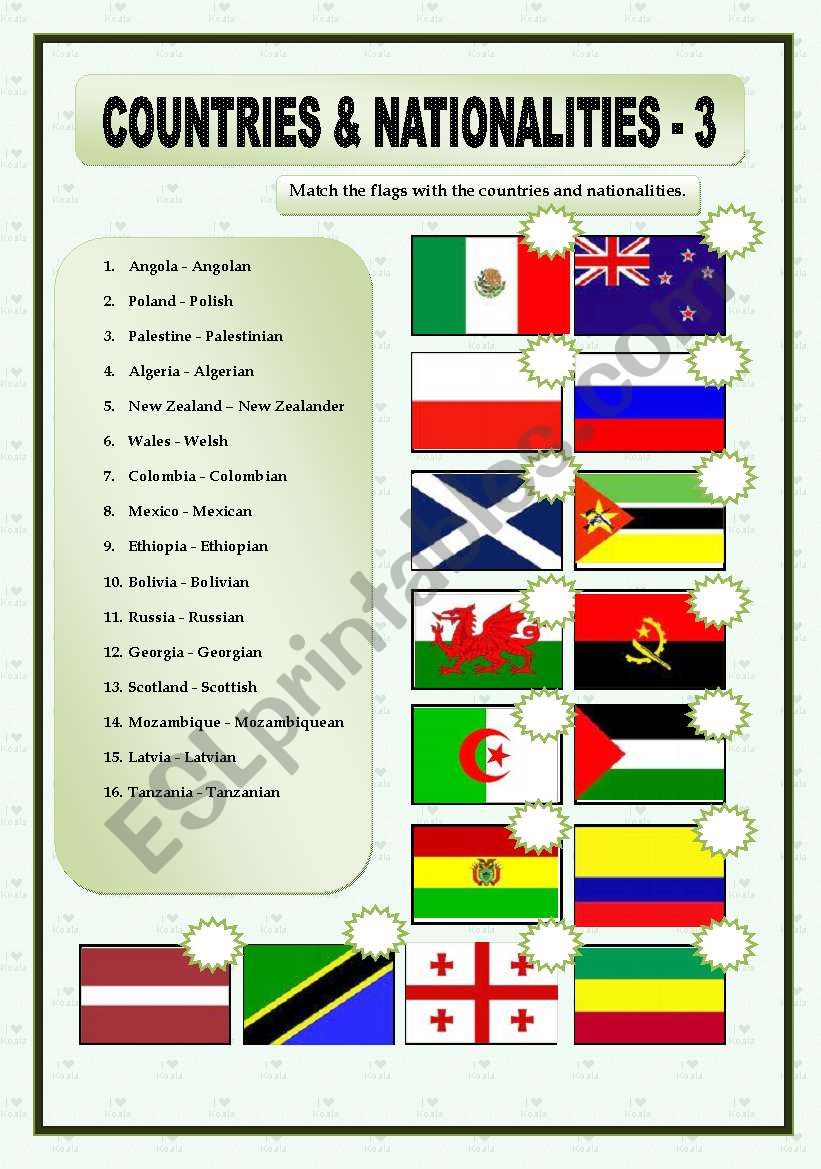 COUNTRIES & NATIONALITIES 3 - MATCHING