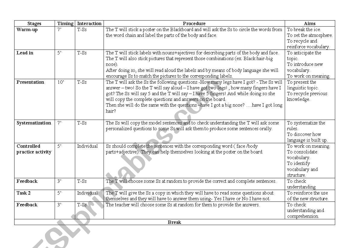 parts of the body worksheet