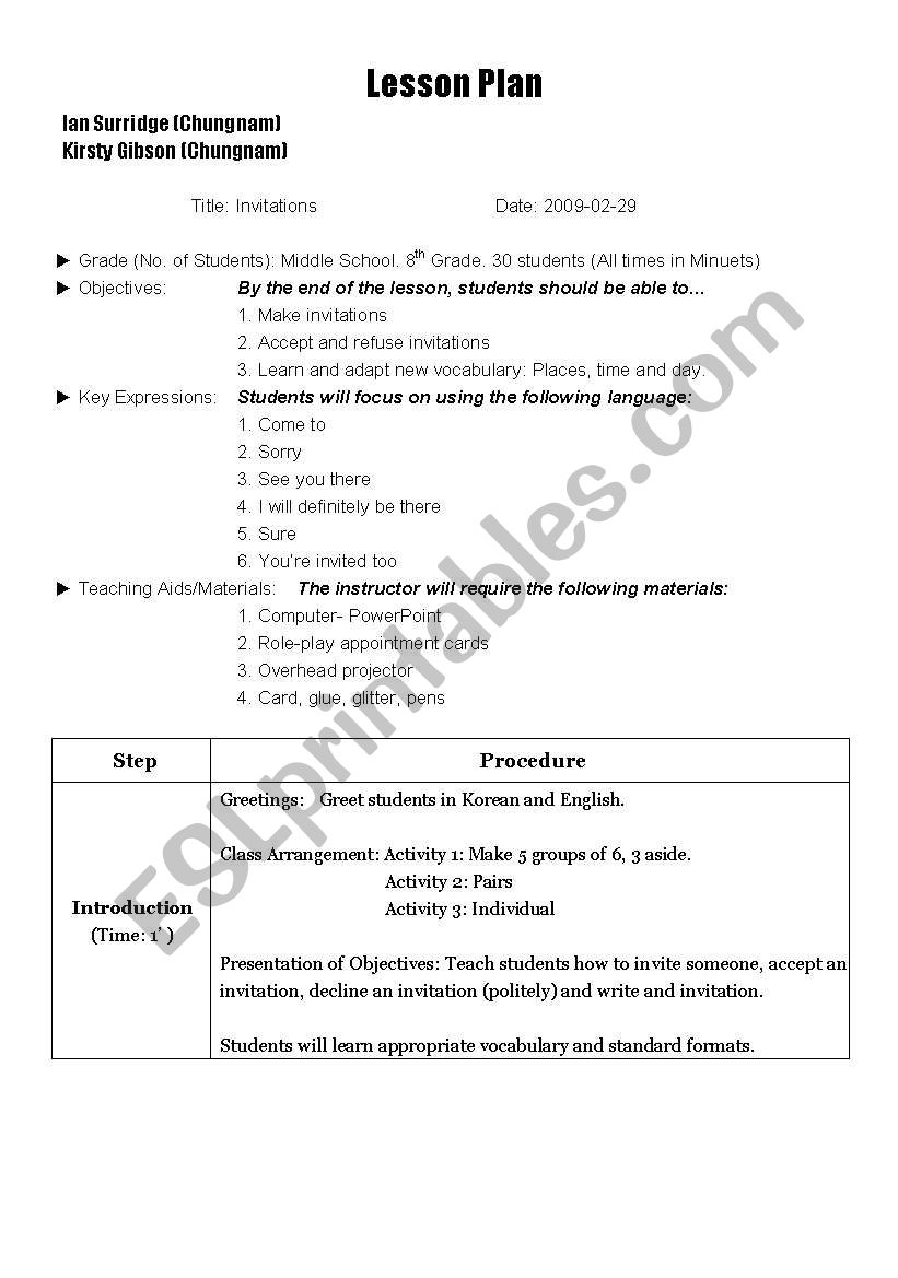 Invite lesson worksheet