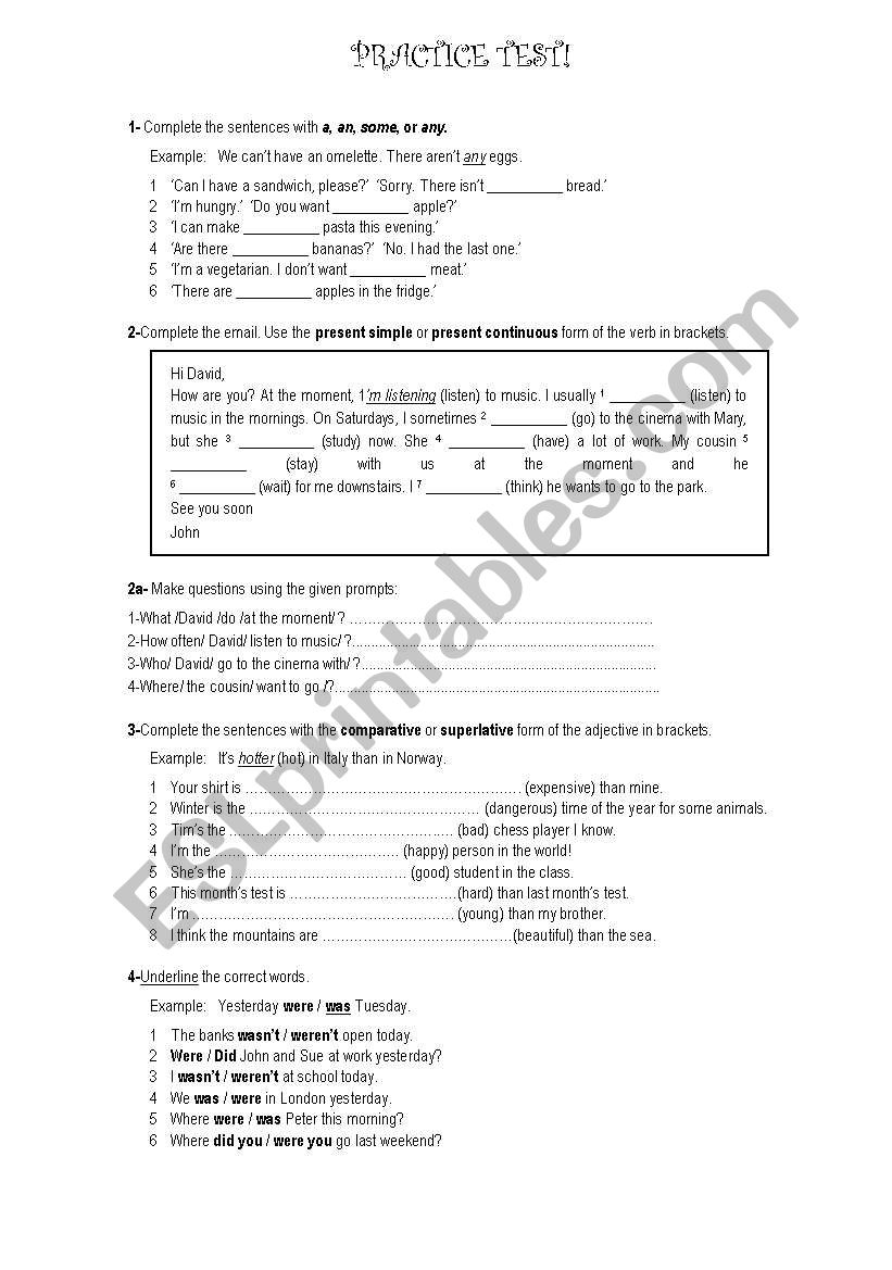 practice test worksheet