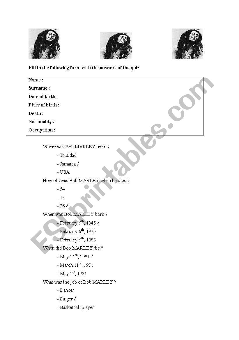 Bob MARLEY worksheet