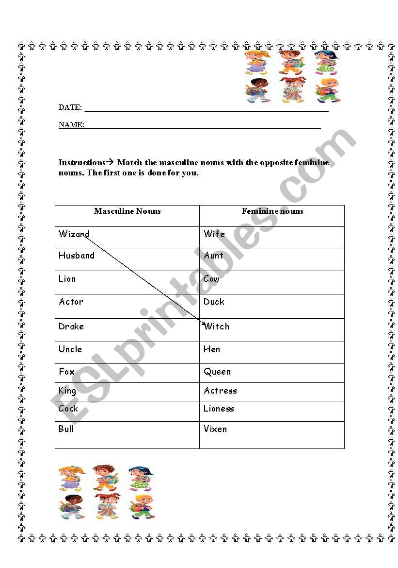 activity sheet for gender nouns
