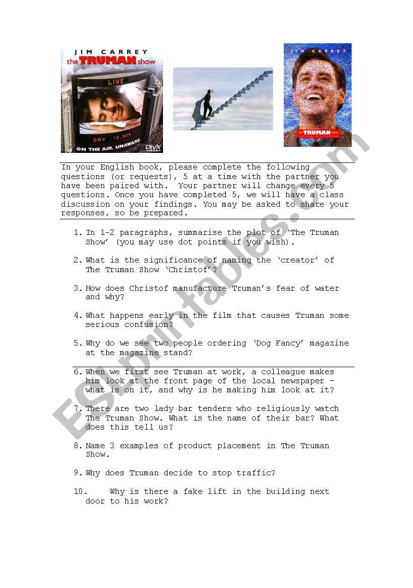 The Truman Show Worksheet worksheet