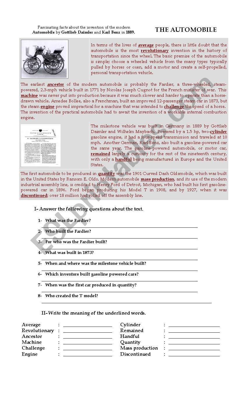 The automobile reading comprehension worksheet