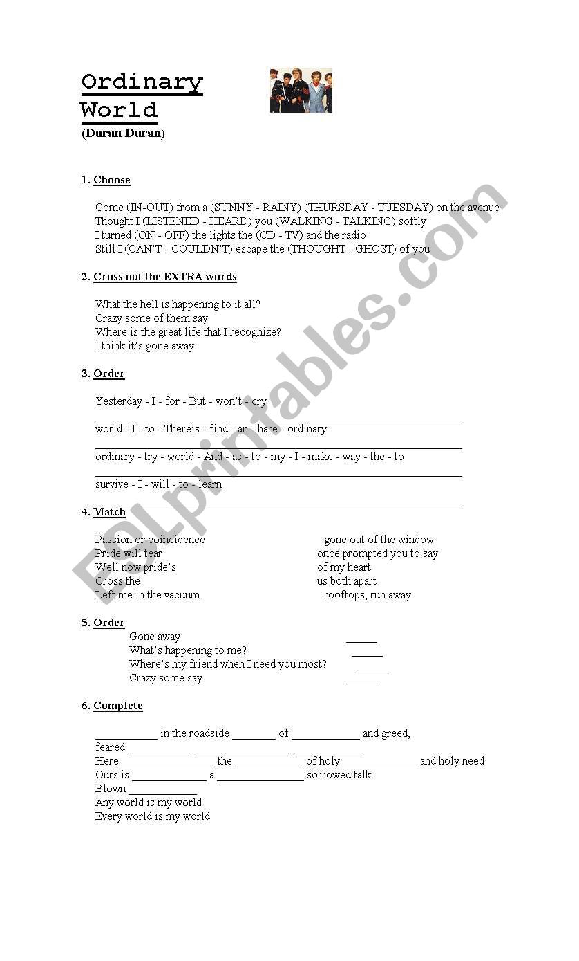 ordinary world (duran duran) worksheet