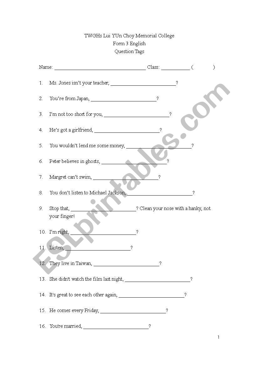 Question Tags worksheet