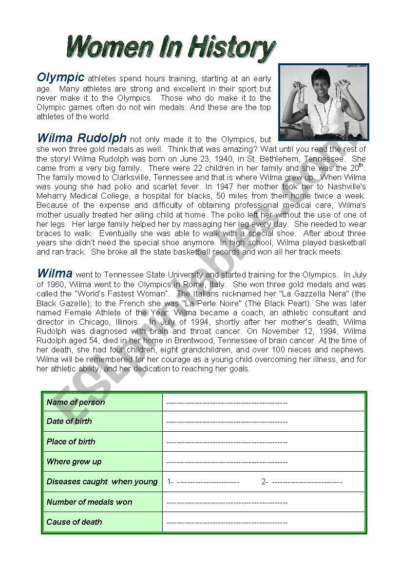 women in history reading comprehension esl worksheet by profy2007