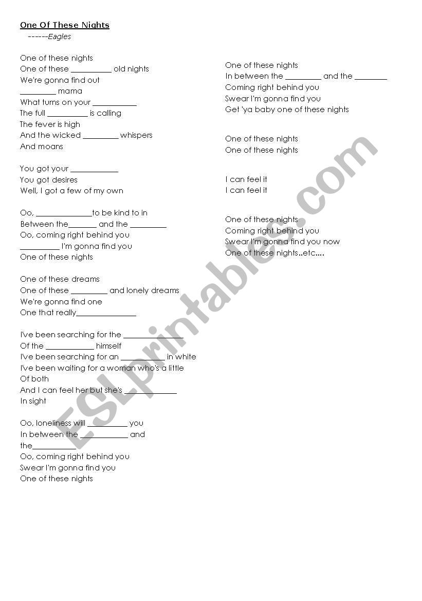 THE EAGLES SONGS (part 1) worksheet