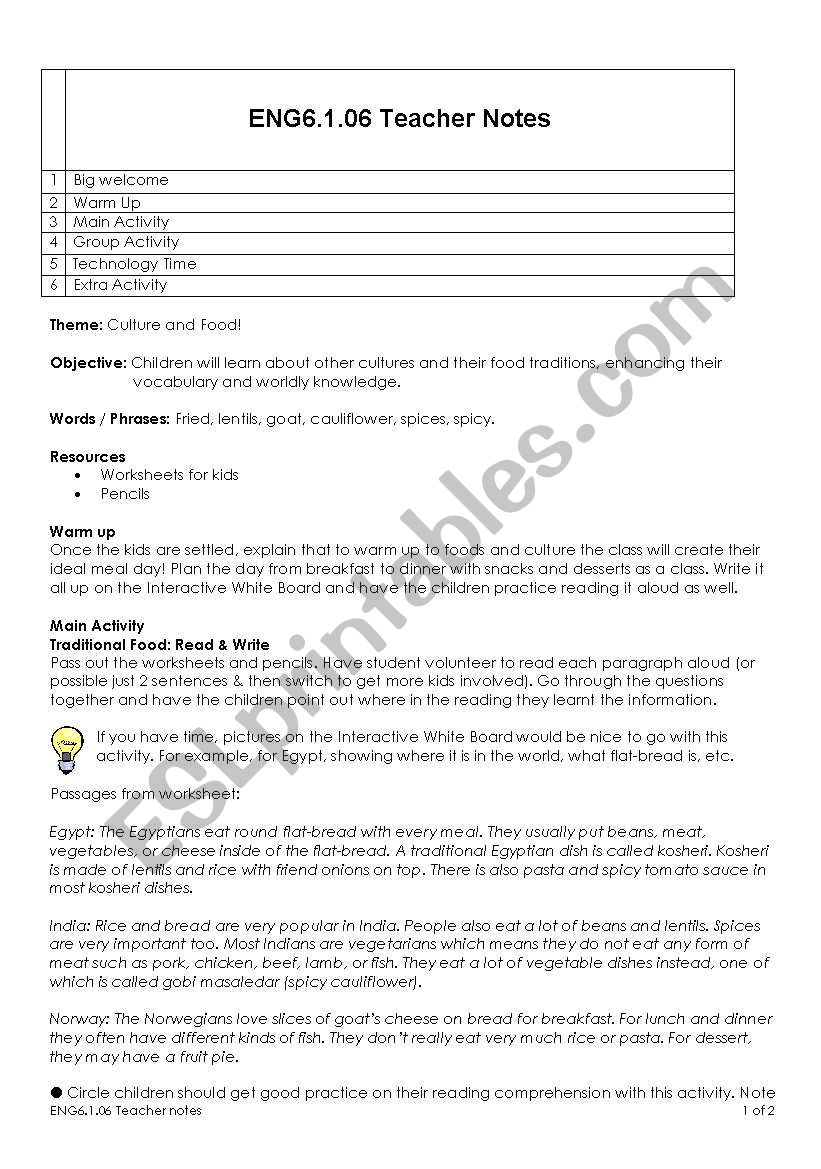 culture and food worksheet
