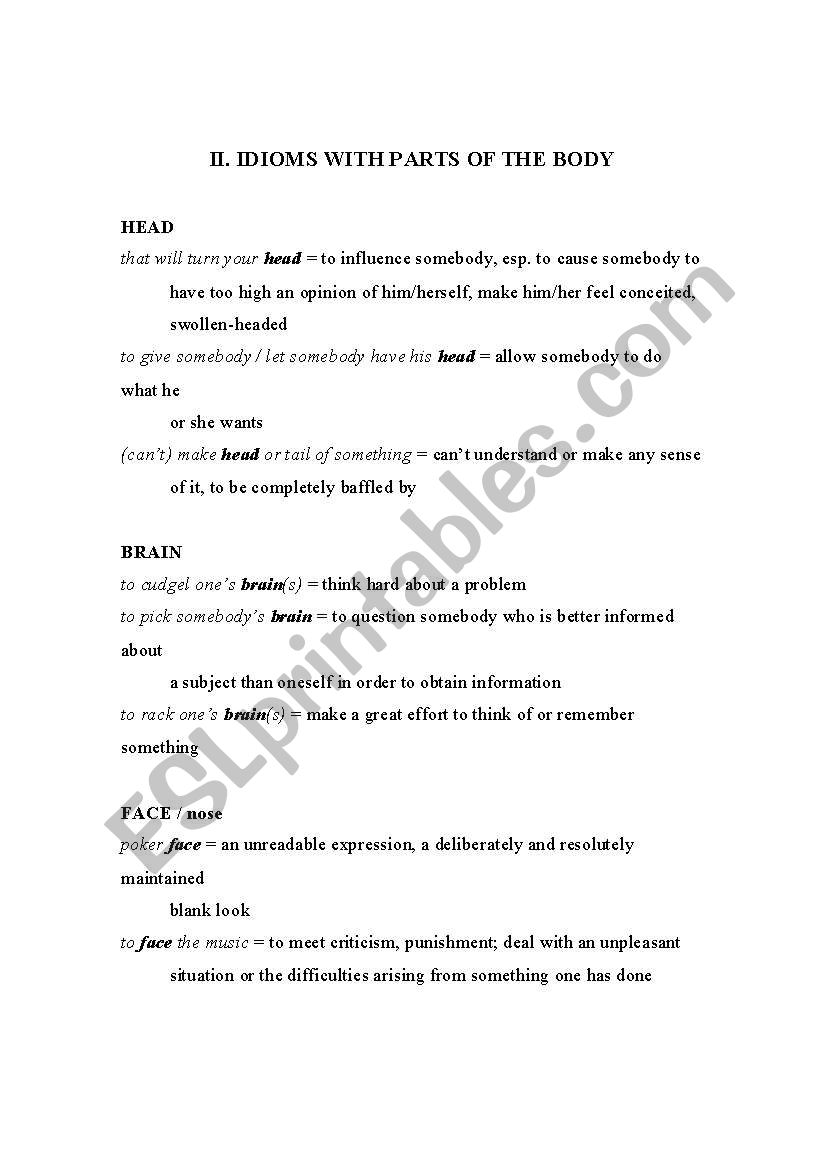 Idioms- parts of the body worksheet