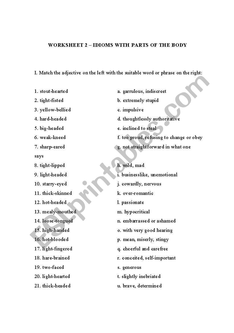 worksheet: idioms parts of the body
