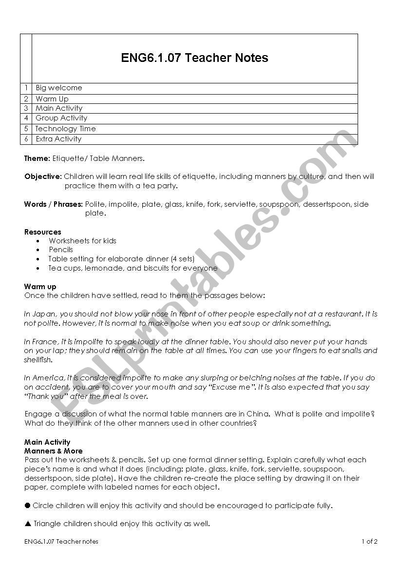 Etiquette/ Table Manners worksheet